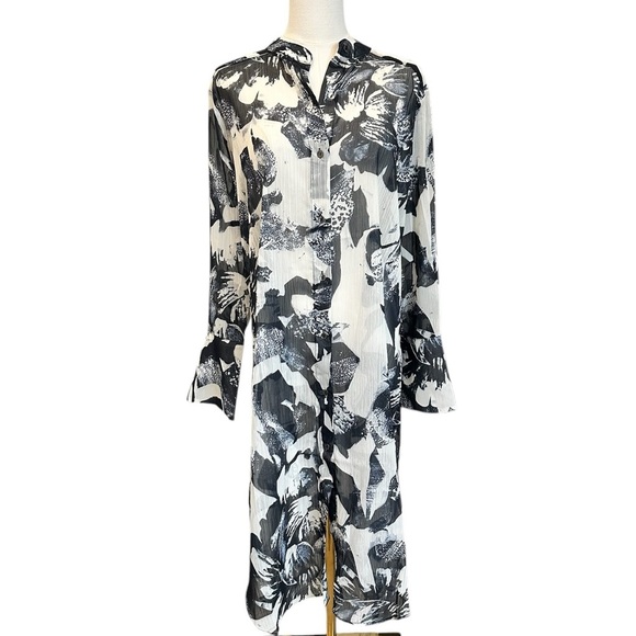 ADRIENNE LANDAU Black and White Floral Tunic Bathing Suit Coverup Small $200 NWT - Picture 1 of 10